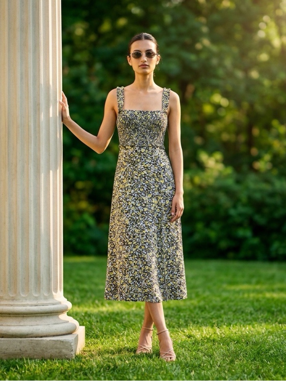 Zara Floral Linen Smocked Elastic Slit Midi Dress Womens Size XS
